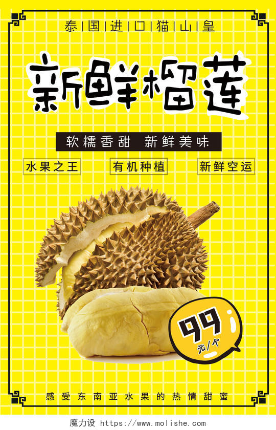 生鲜新鲜泰国榴莲猫山皇东南亚售卖水果创意海报